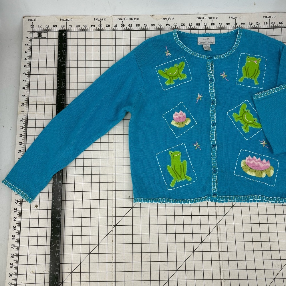 Casual living vintage cotton Cardigan w/ Frog /embroidered Lily pad Flower XL - Picture 8 of 15